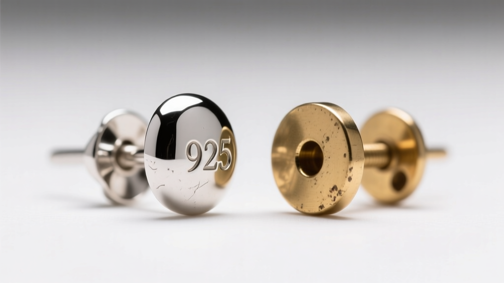 Macro shot of a 925 sterling silver earring post beside an unmarked brass alloy post under bright studio lighting.