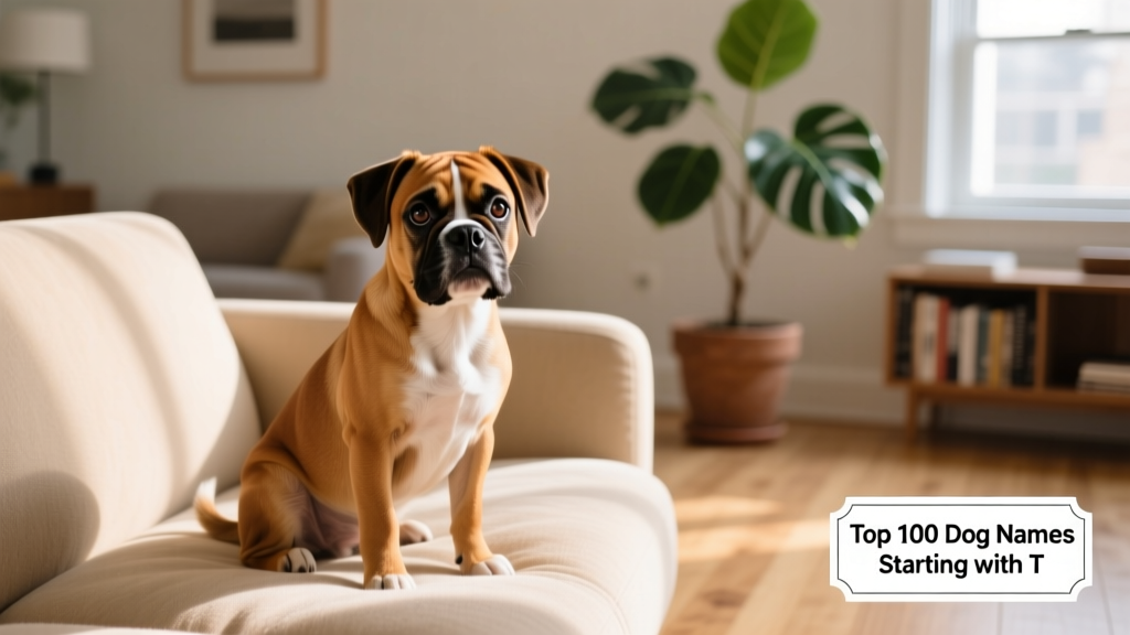 puppy box terrier sitting on a sofa with its head tilted