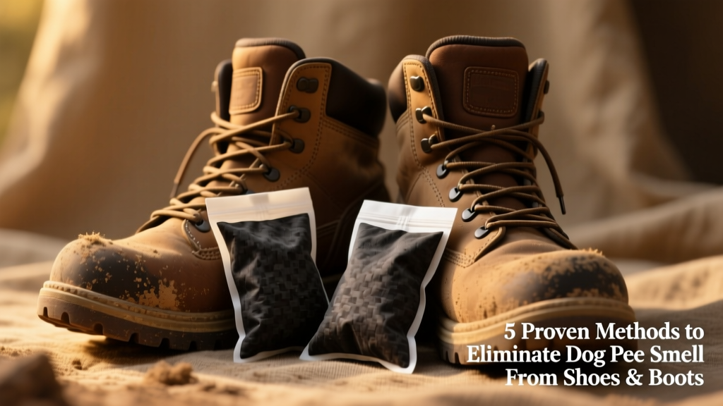 Two charcoal deodorizer pouches nestled inside a pair of hiking boots