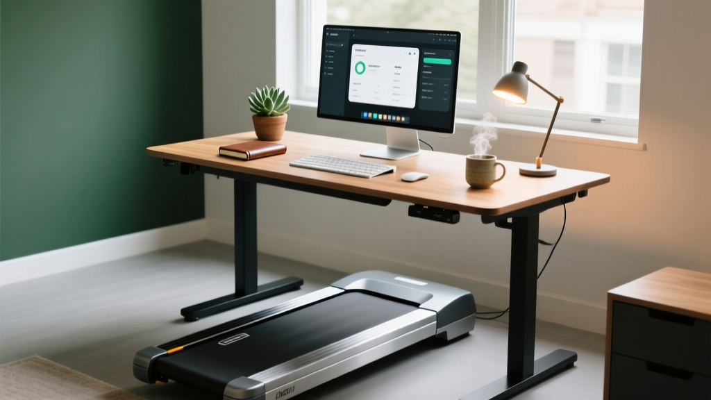 Ergonomic home office setup featuring an adjustable standing desk paired with a low-profile under-desk treadmill base.