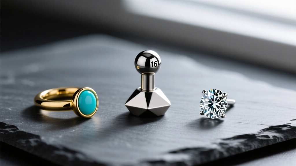 Flat lay on dark slate showing 16-gauge titanium labrets, a 14k gold turquoise clicker hoop, and 1-carat diamond stud earrings.