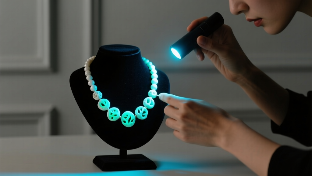Jeweler using a UV flashlight on a vintage white coral bead necklace, revealing natural organic fluorescence in a dimly lit room.