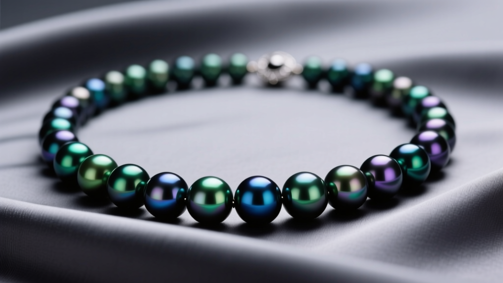 A close-up of a Tahitian black pearl necklace with peacock overtones resting on dark grey silk fabric under soft studio lighting
