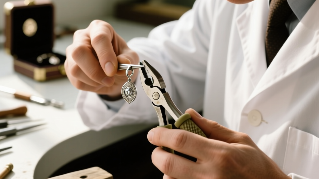 Jeweler using nylon jaw pliers to gently adjust the tension mechanism on a vintage 1970s silver clip-on earring backing