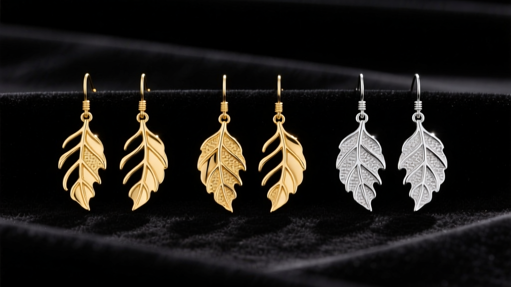 Flat lay of three pairs of gold and silver leaf dangle earrings on dark velvet, soft lighting highlighting the textured metal veins.