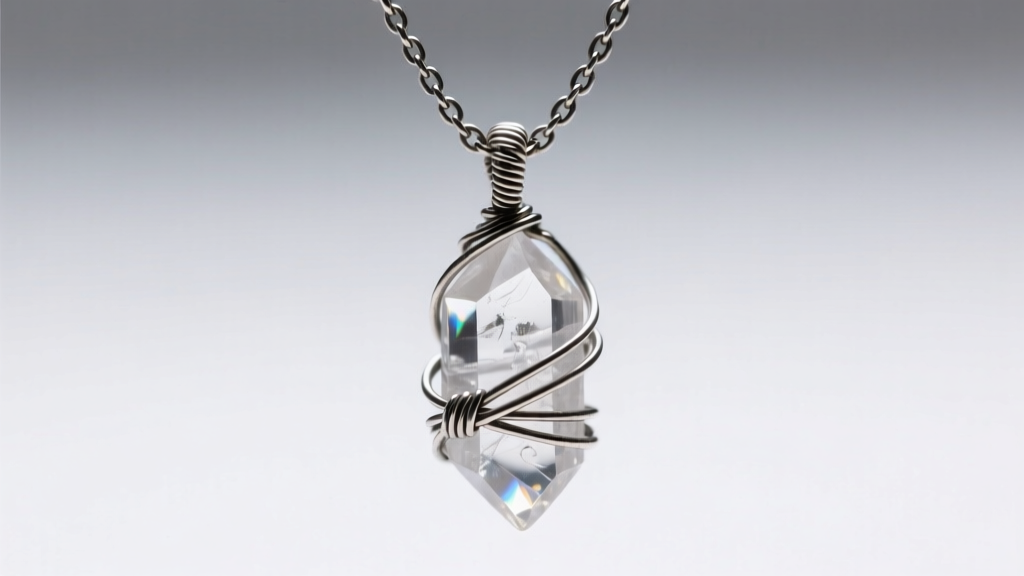 Macro shot of a finished wire-wrapped raw clear quartz pendant hanging from a delicate 18-inch oxidized sterling silver chain