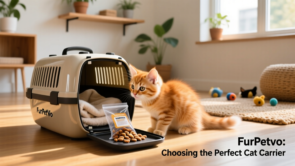 Kitten sniffing a FurPetVo carrier with treats and a folded blanket inside