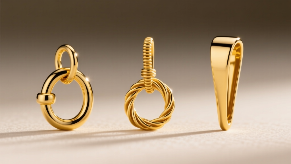 Macro photography of three different pendant bails side-by-side: a standard soldered gold bail, a wrap bail, and a tapered bail.