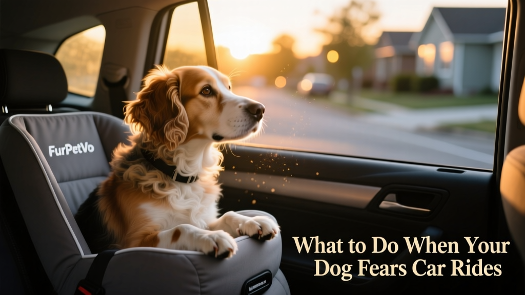 A relaxed dog sitting in a FurPetVo car seat with a window slightly open, looking out peacefully