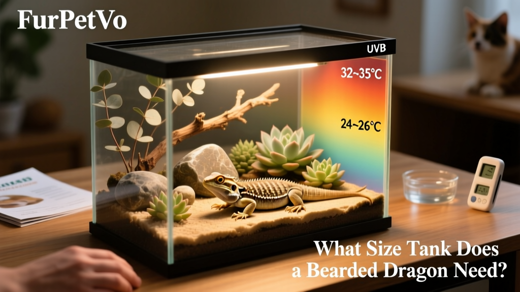 Well-set-up FurPetVo terrarium showing clear temperature gradient zones, UVB lighting, basking platform, and naturalistic decor