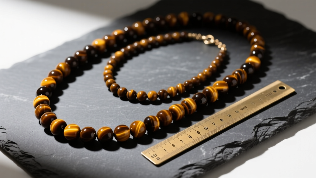 Flat lay of three mens beaded necklaces in 4mm, 6mm, and 8mm tiger eye stones on dark slate, shown next to a small brass ruler.