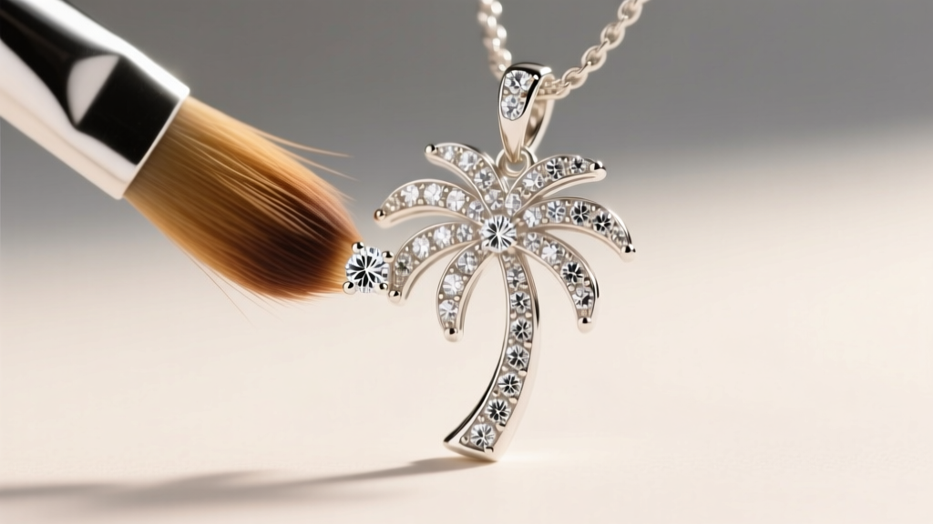 Macro shot of a soft-bristled brush gently cleaning the intricate diamond pave setting of a white gold palm tree pendant.