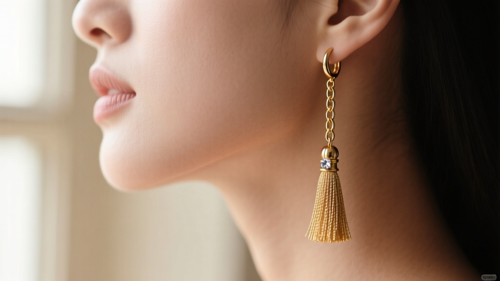Close-up of a gold chain tassle earring near a jawline, soft light highlighting fine metallic threads and a tiny diamond accent