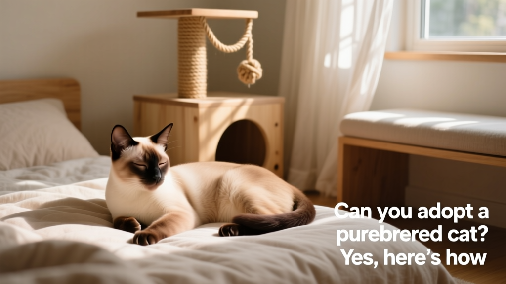 A serene, newly adopted purebred cat settling comfortably in a softly lit, prepared cat-safe room with bedding and toys
