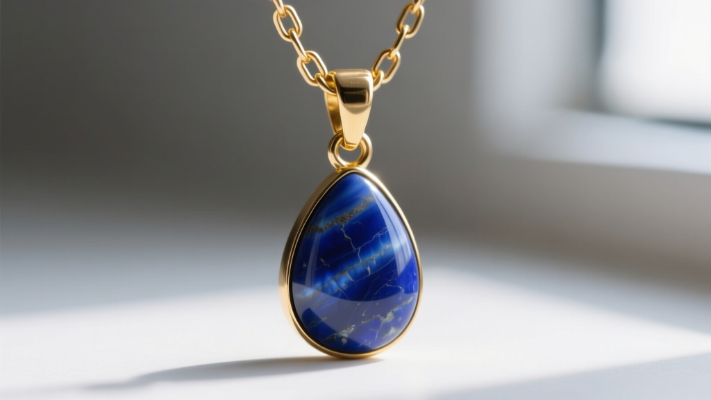 Macro shot of two 18-gauge soldered gold jump rings connecting a heavy lapis lazuli teardrop charm to a delicate brass chain link.