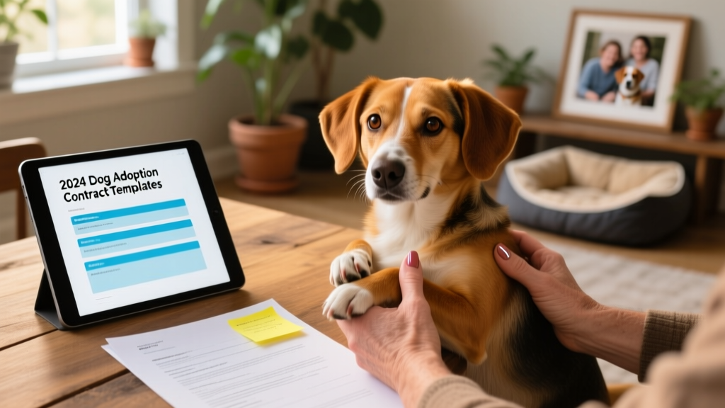 Two hands gently holding a friendly mixed-breed dog while signing paperwork on a wooden table