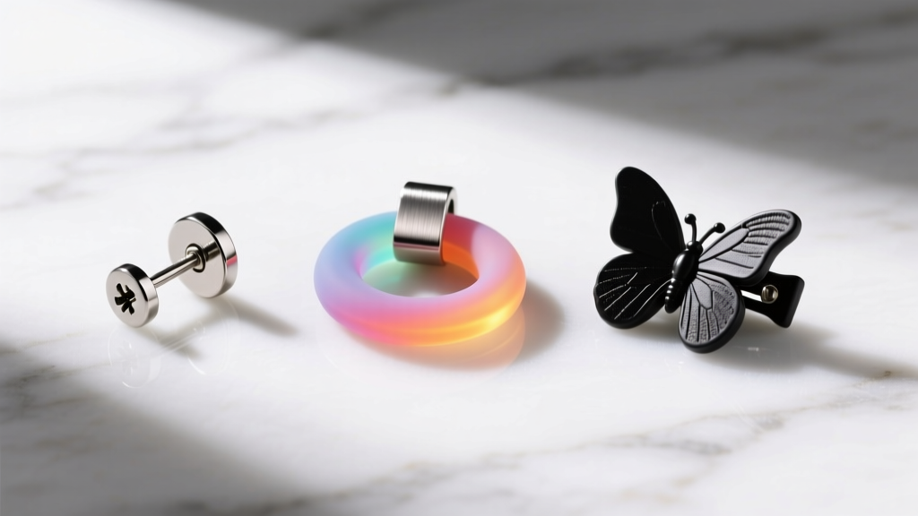 Flat lay of three earring backings on marble: a titanium screw-back, a wide silicone O-ring, and a traditional butterfly clutch