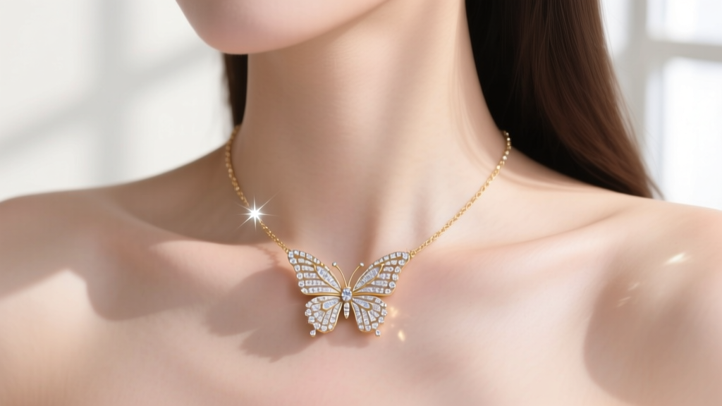 14k white gold butterfly necklace resting on a collarbone, featuring micro-pave diamond wings illuminated by soft, natural daylight