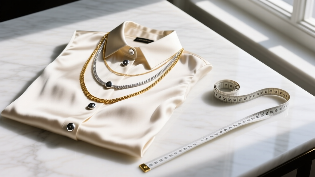 Flat lay of a silk blouse with silver buttons, layered 18k gold and rhodium necklaces, and a measuring tape on a marble surface.