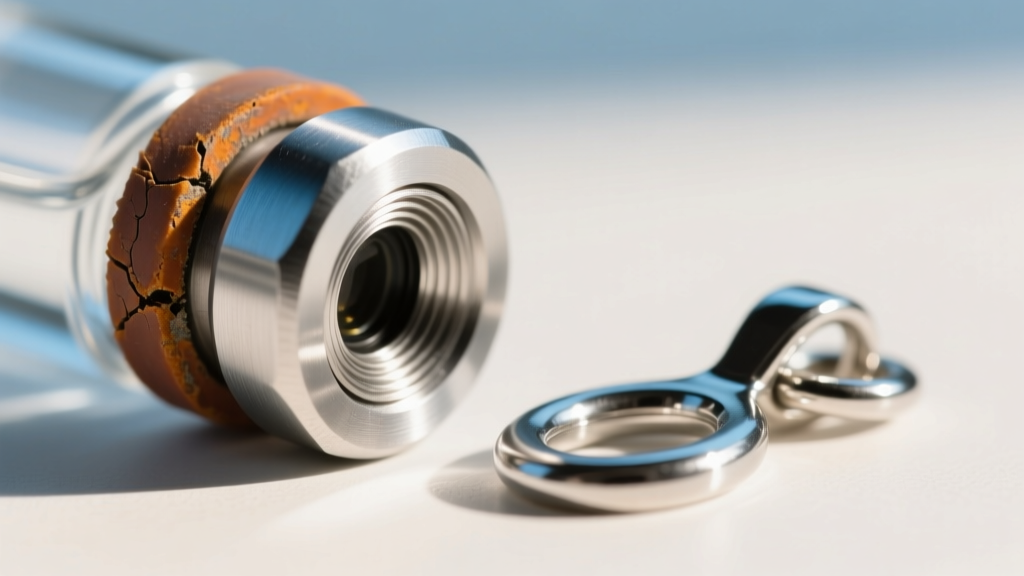 Close-up of a threaded stainless steel vial stopper with a degraded rubber O-ring seal next to a polished silver pendant bail