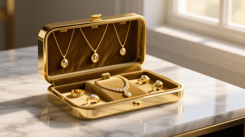 Velvet-lined gold jewelry holder on marble, displaying 18k gold necklaces and rings bathed in soft, warm morning lighting.
