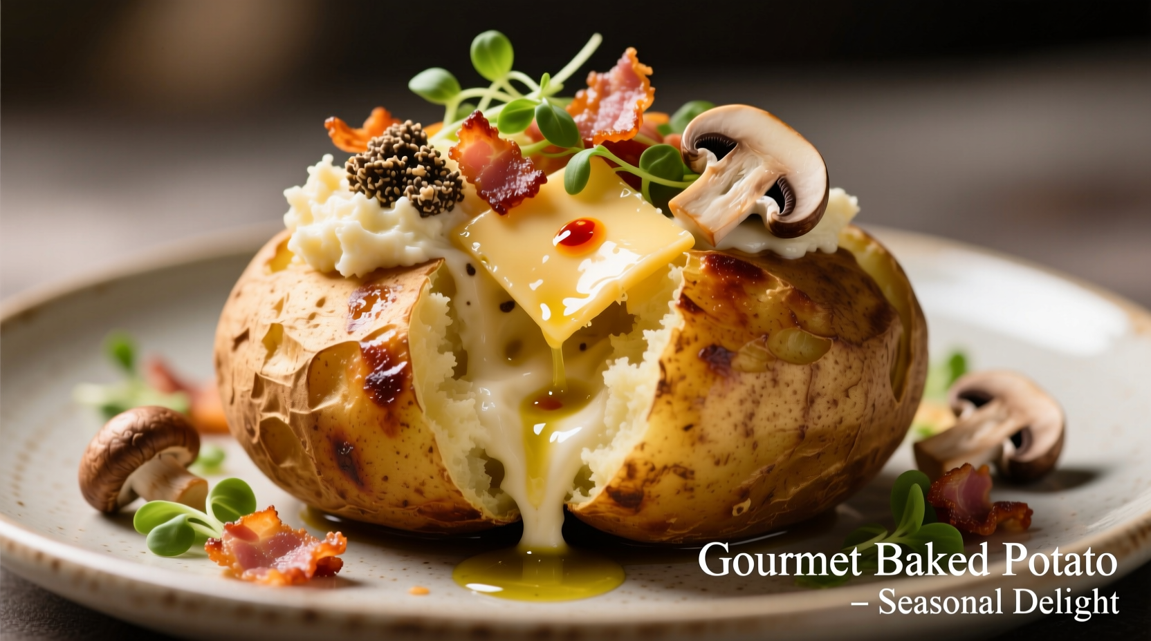 Colorful baked potato with various gourmet toppings arranged