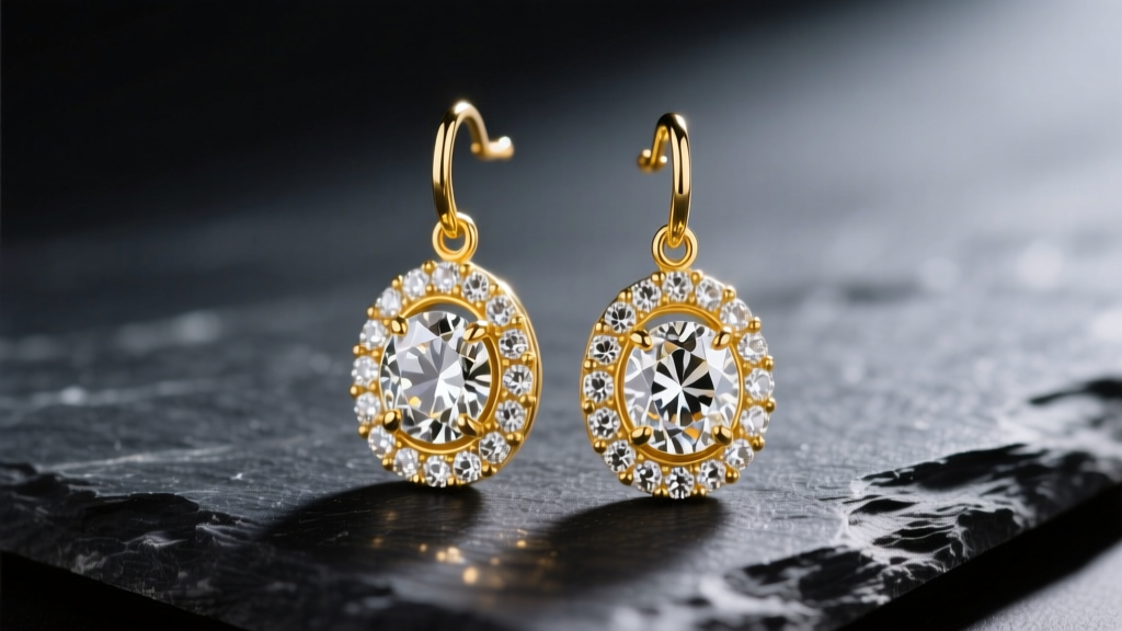 Macro shot of 14k yellow gold drop earrings with pavé clear crystals resting on dark slate under soft directional lighting