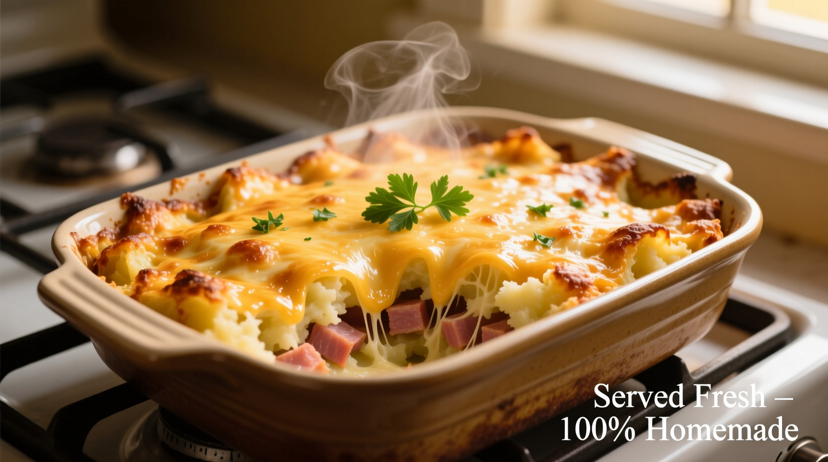 Golden baked potato ham casserole with melted cheese topping