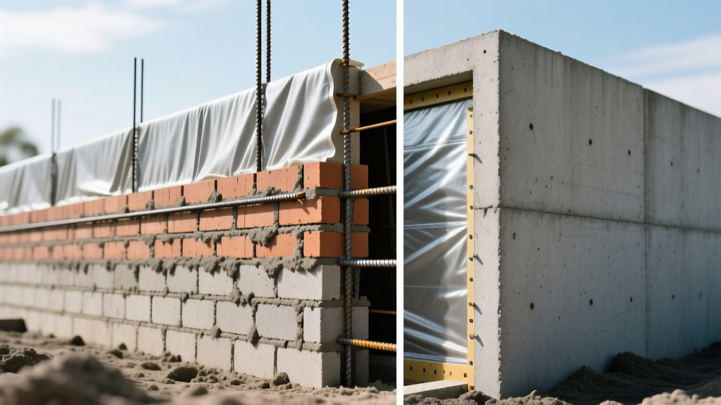 Cross-section comparison of a reinforced CMU block foundation wall and a monolithic poured concrete foundation wall with waterproofing membrane applied
