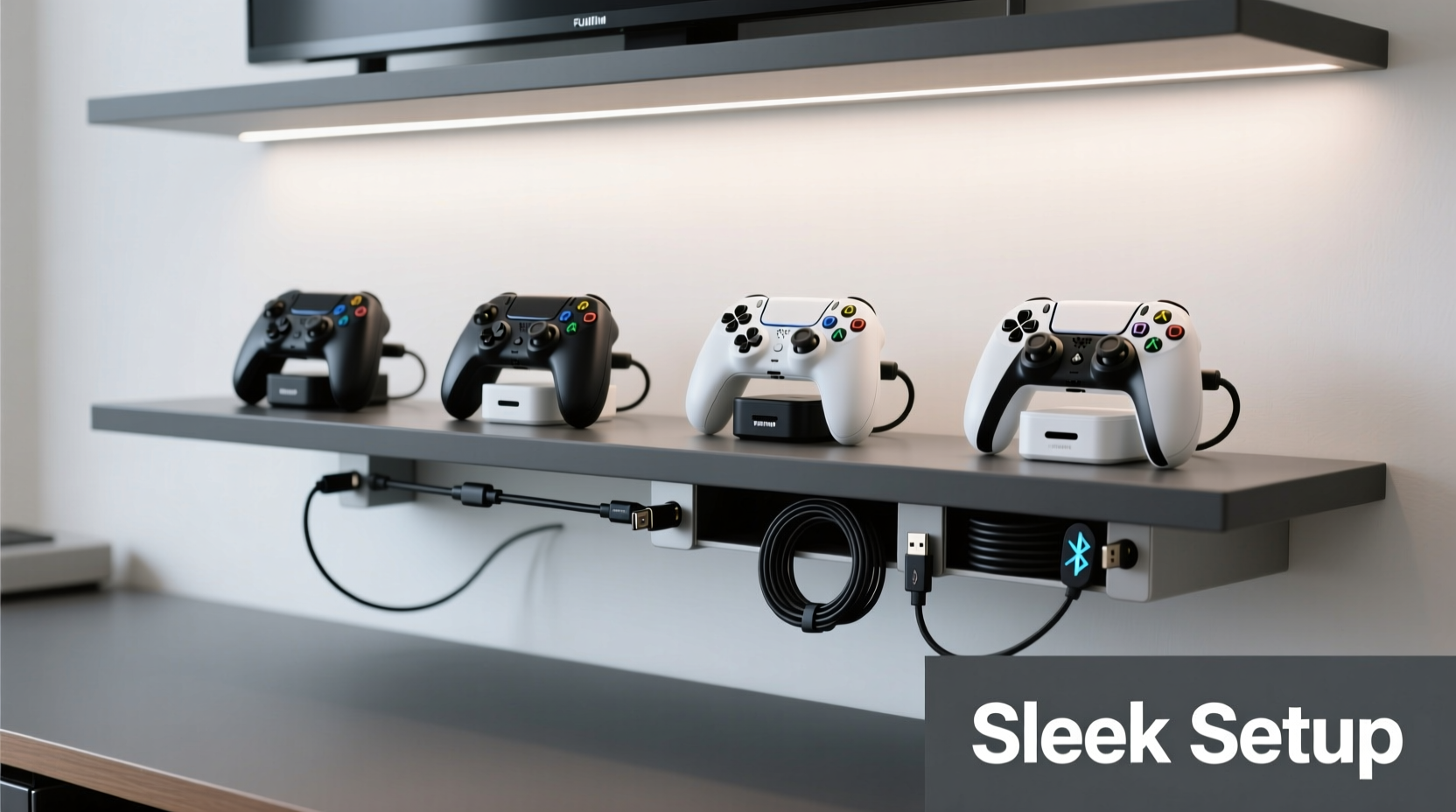 how to organize game controllers and cords in a sleek way