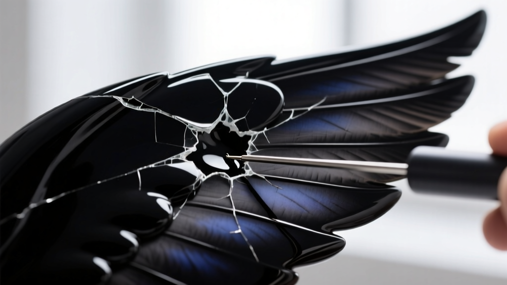 Loupe view of chipped black enamel swan wing being carefully filled with dark tinted two-part epoxy resin using a fine needle tool