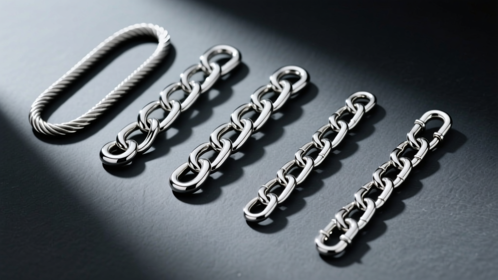 Flat lay of five silver chain link profiles: cable, curb, rolo, figaro, and paperclip on a dark slate background surface.