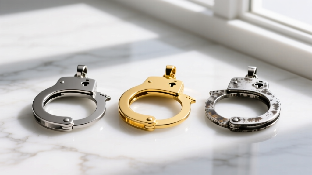 Side-by-side view of three handcuff pendants in matte titanium, yellow gold, and oxidized silver on a clean white marble surface.