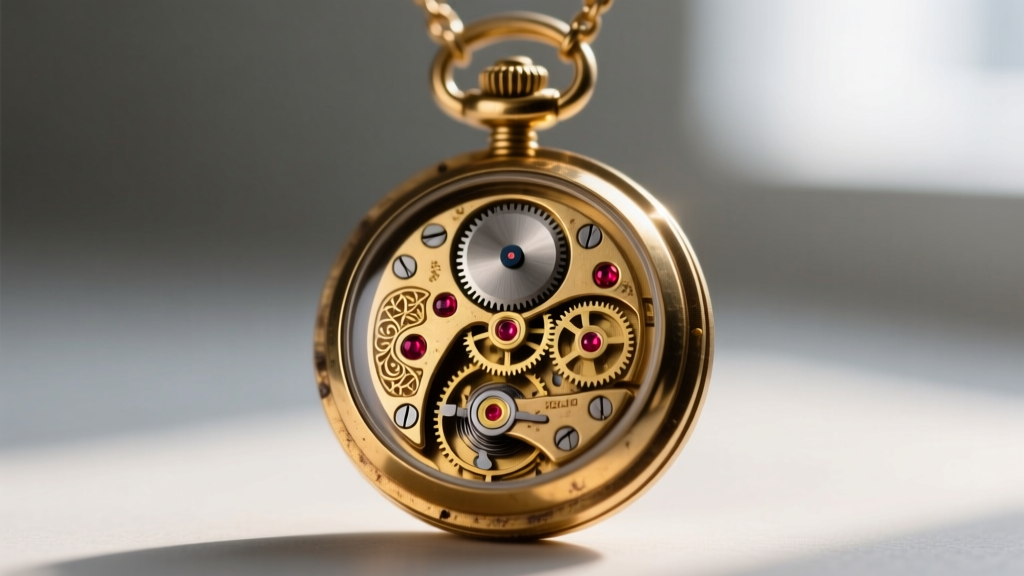 Macro view of a vintage watch pendant necklace dial showing intricate brass gears and ruby bearings inside the metal case.