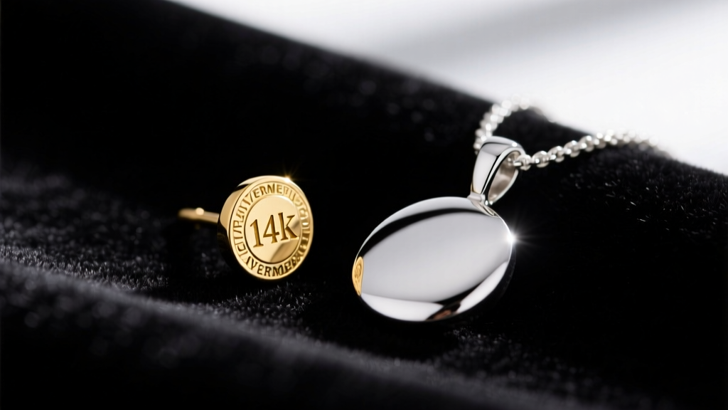 Macro shot of 14k gold vermeil stud beside a rhodium silver pendant on dark velvet, sharp focus lighting, jewelry photography.