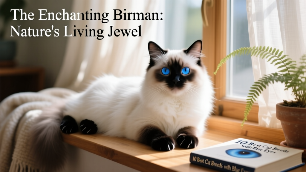 A Birman cat resting peacefully, highlighting its deep blue eyes and snowy white mittens