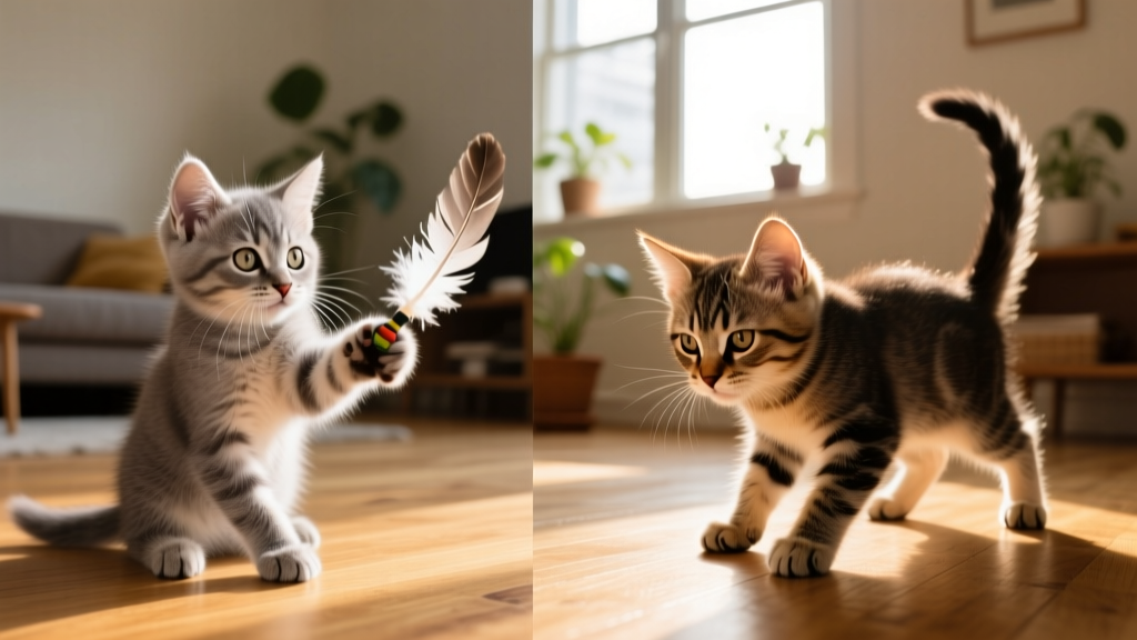 Side-by-side comparison: one kitten gently batting a toy with paws, another crouched low with tail flicking and ears pinned back