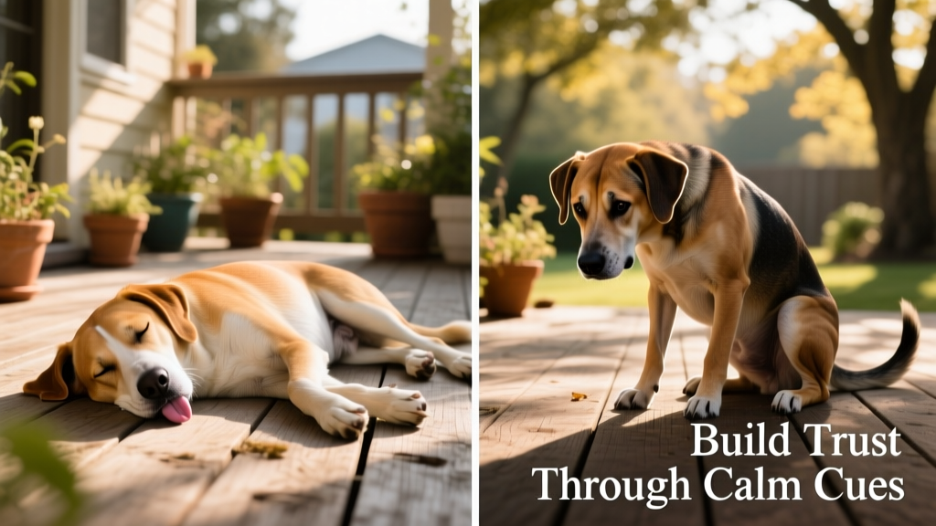 Side-by-side comparison: a relaxed dog lying on her side with soft eyes and loose posture versus a tense dog crouching low with ears pinned back and tail tucked