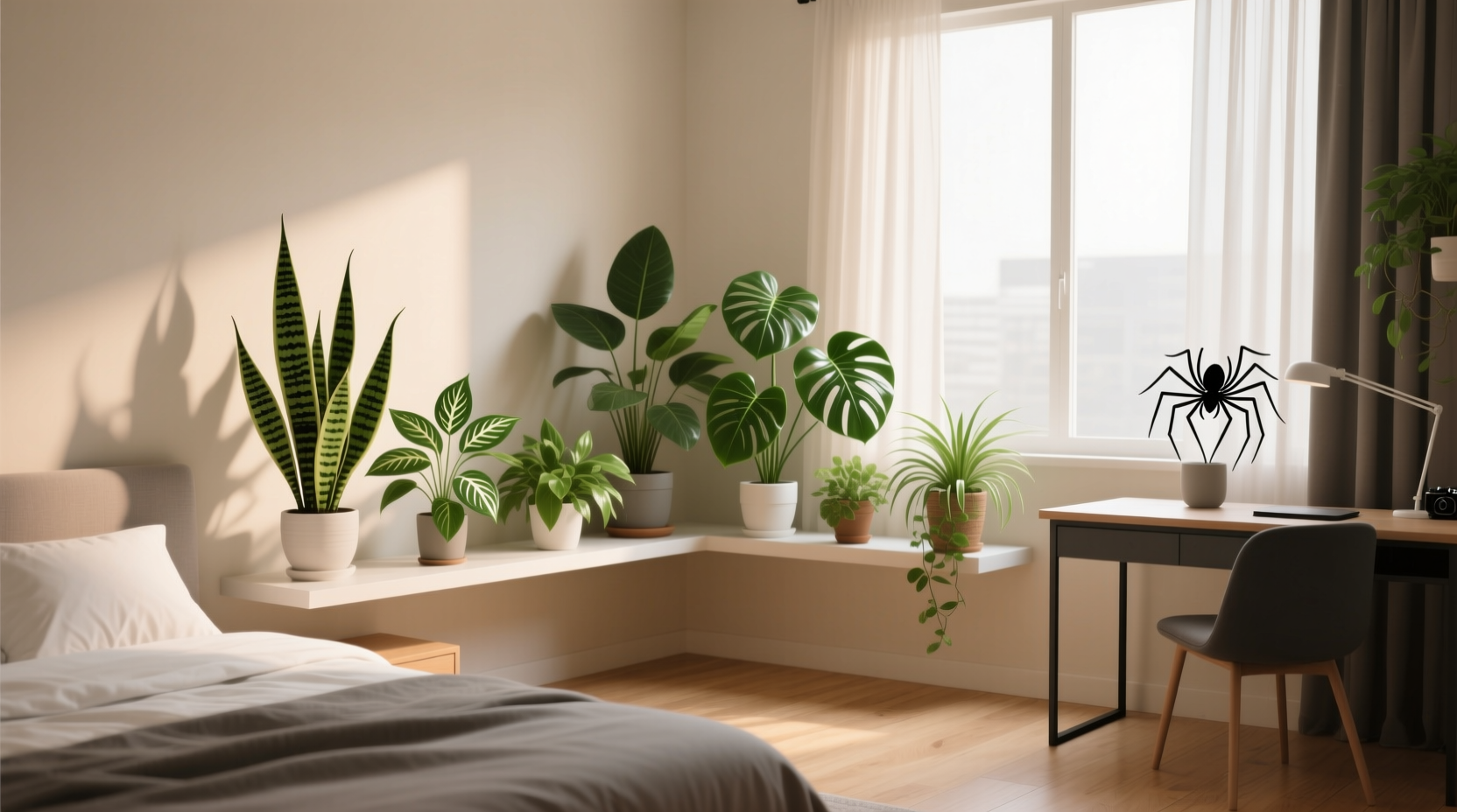 Cluttered bedroom with 15+ plants blocking pathways and furniture