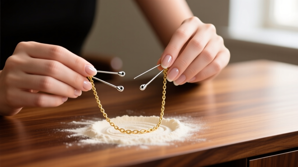 Close-up of hands untangling a gold-plated teen necklace on a wood desk using two sewing pins and a dusting of baby powder