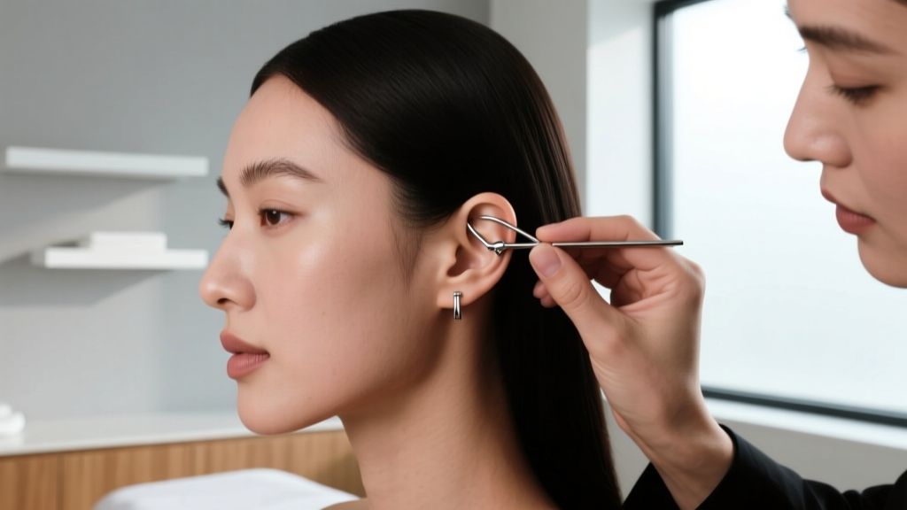Side profile of a professional adjusting an implant-grade titanium crossover ear climber on a client's upper helix cartilage