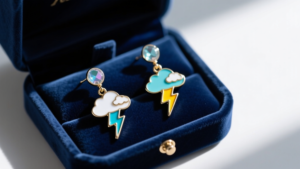 Flat lay of whimsical weather drop earrings with enameled lightning bolts and clouds arranged neatly inside a dark blue velvet box