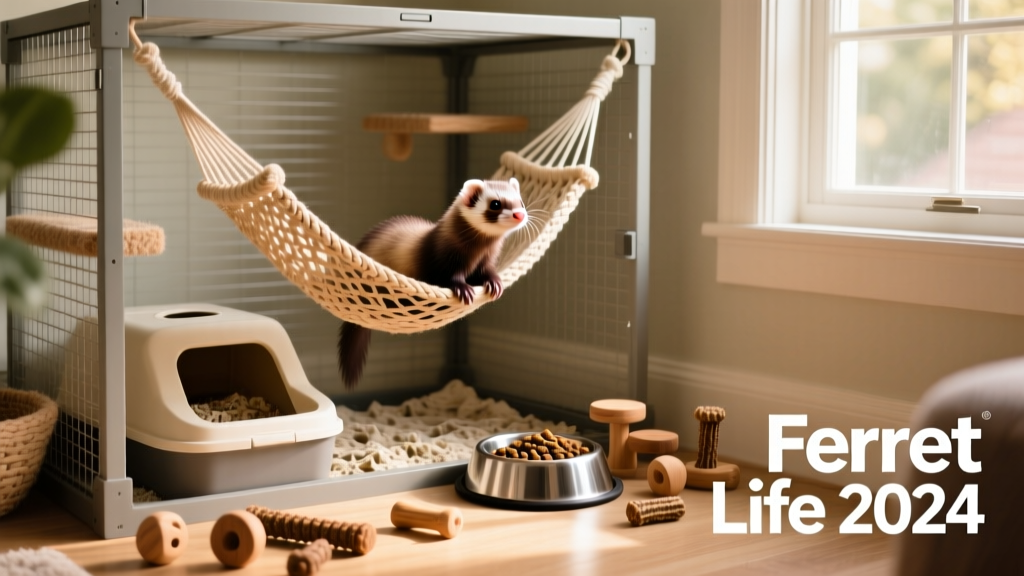 A tidy setup showing a ferret cage with a hammock, litter box, food dish, and chew toys