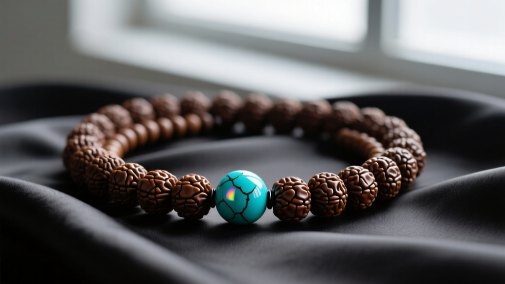 Close-up of a traditional 108-bead mala necklace featuring dark brown rudraksha seeds and a vibrant turquoise guru bead on silk.