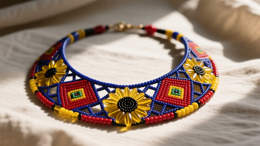 Vintage Mbuti netted glass beadwork necklace on neutral linen, showing intricate geometric patterns and trade beads.