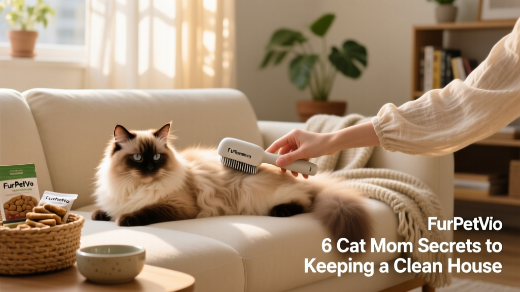 A person gently brushing a calm, long-haired cat on a sunlit couch, with a FurPetVo FURemover brush visible nearby