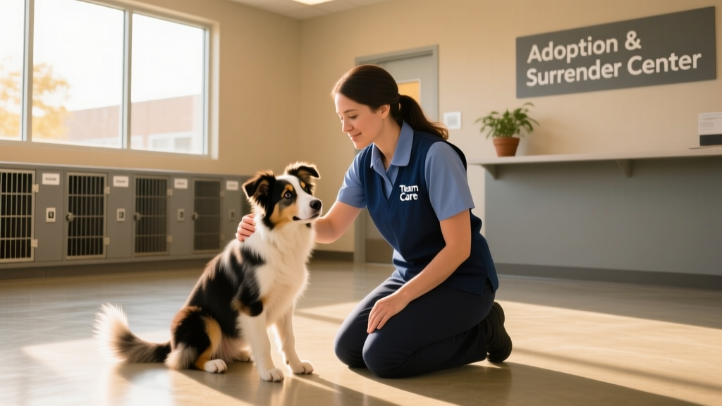 A compassionate staff member gently interacting with a Border Collie at a shelter intake area