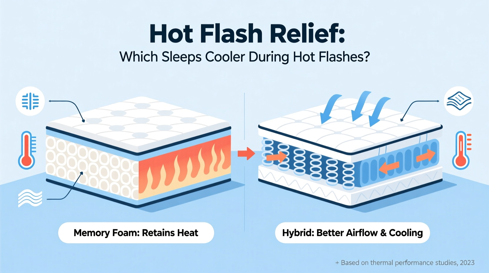 memory foam vs hybrid mattress which one sleeps cooler for hot flashes