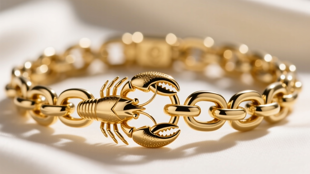 Macro shot of an 18k gold lobster clasp on a heavy cocktail bracelet, showing thick chain links and a bright polished metal finish