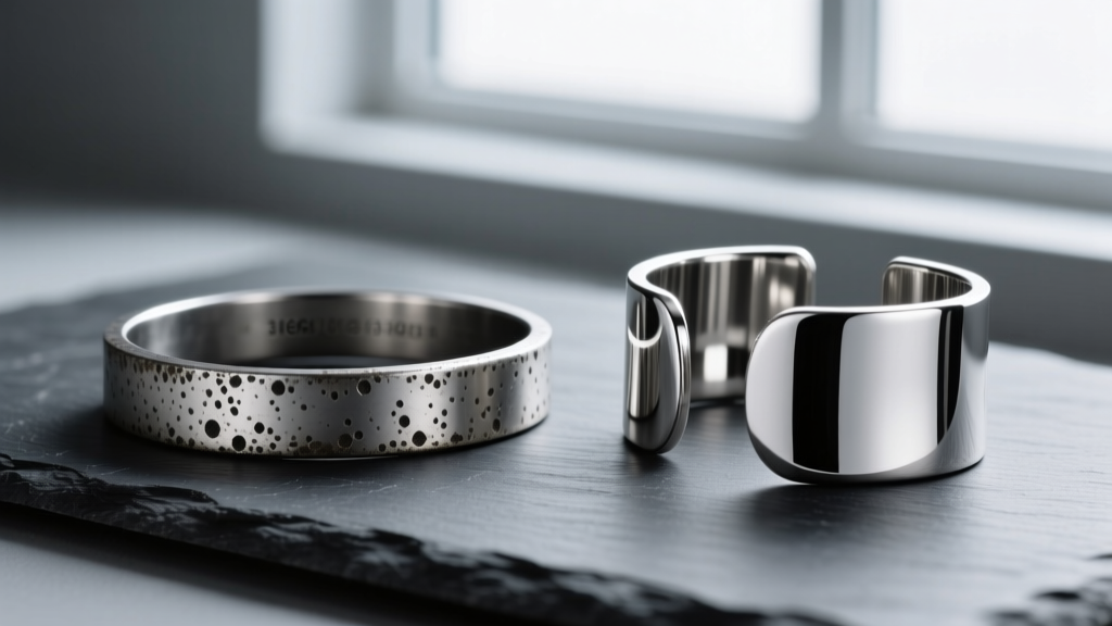 Side-by-side view of a dull pitted steel bracelet and a bright polished 316L surgical steel cuff resting on dark slate surface